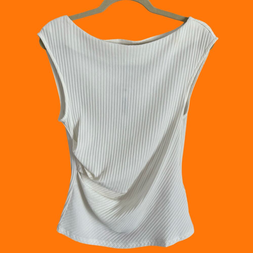 DKNY White Ribbed Boatneck Blouse Medium NWT